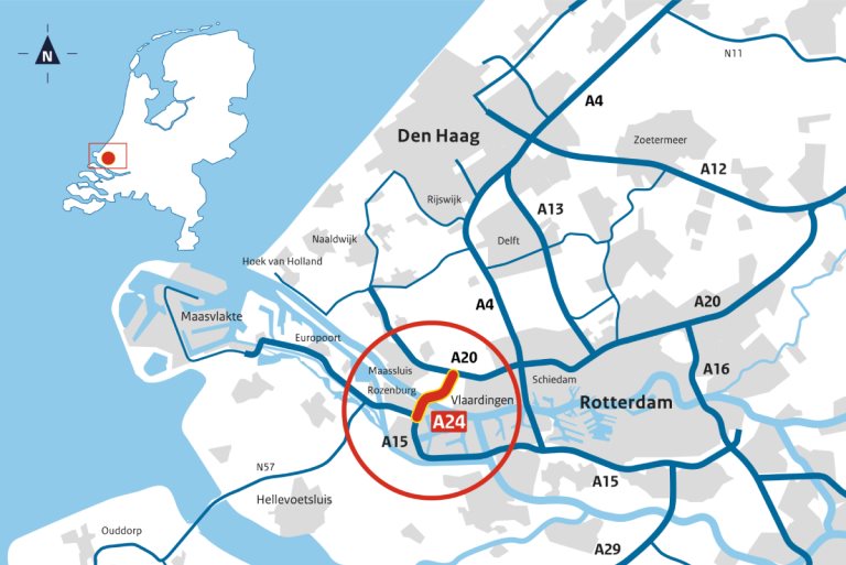 Kaart met plattegrond van de regio Rotterdam met de Blankenburgverbinding